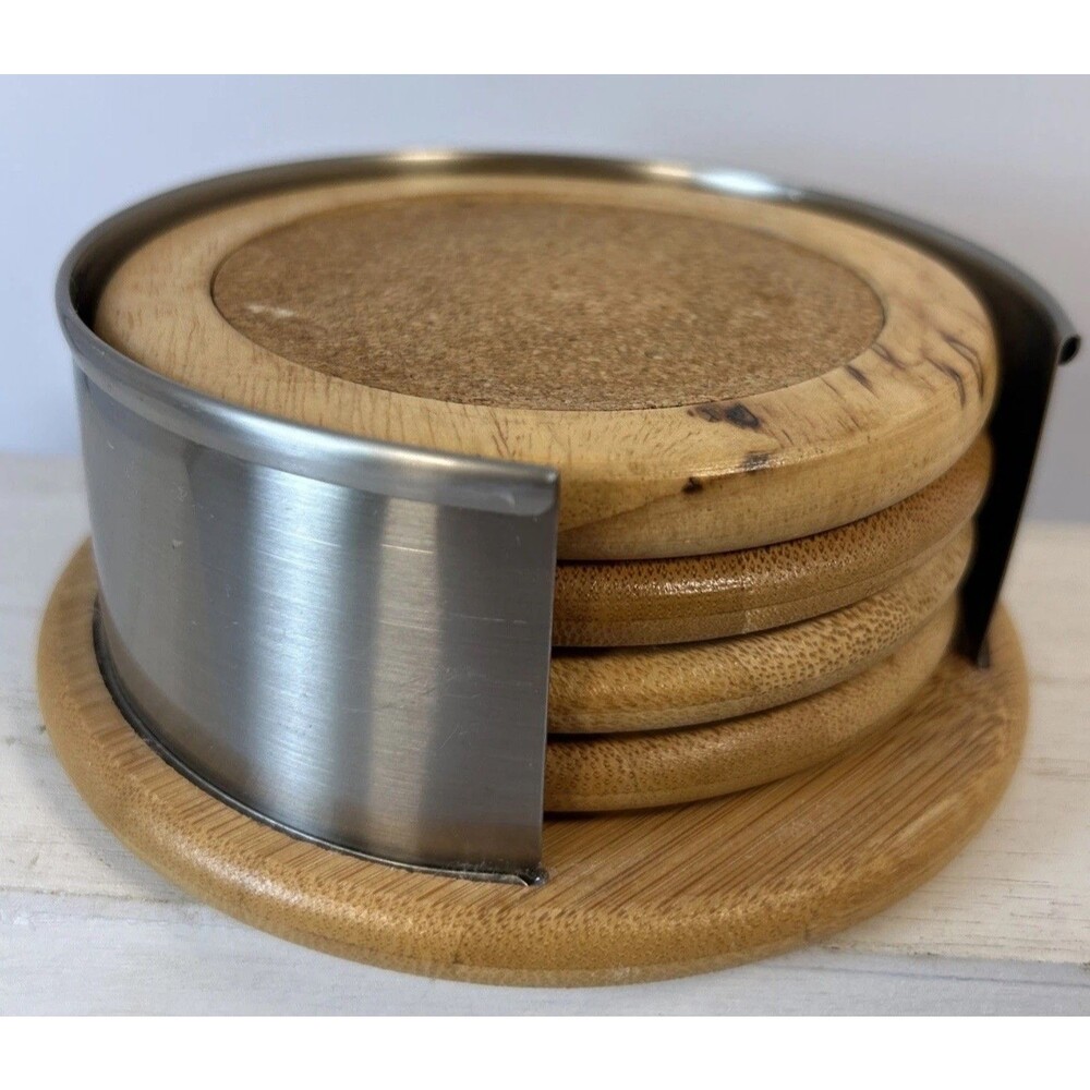 2015 BETTER HOMES Set Of 4 BAMBOO & CORK COASTERS IN Metal Holder